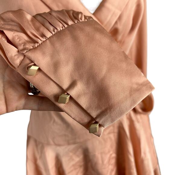 MAC DUGGAL Salmon A-Line Satin Long Sleeve Mini Dress Pink Wrap Small - Picture 7 of 10